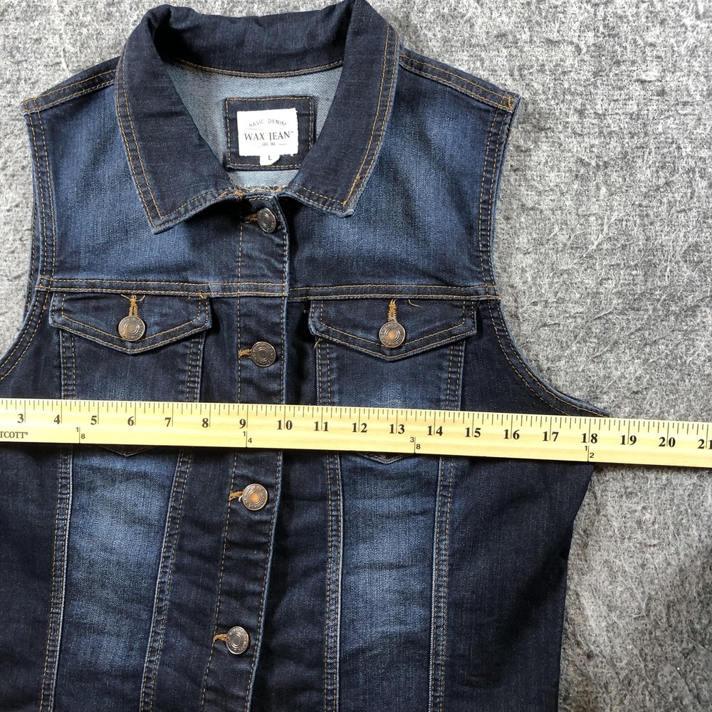 Wax Jean Womens Large Blue Stretch Denim Trucker Vest Button Front - Picture 9 of 14